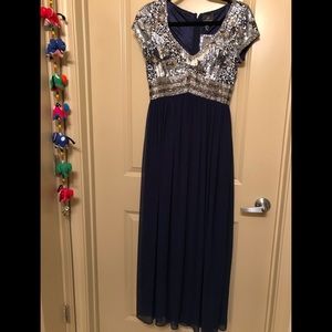 Formal navy gown with gold and silver sequins